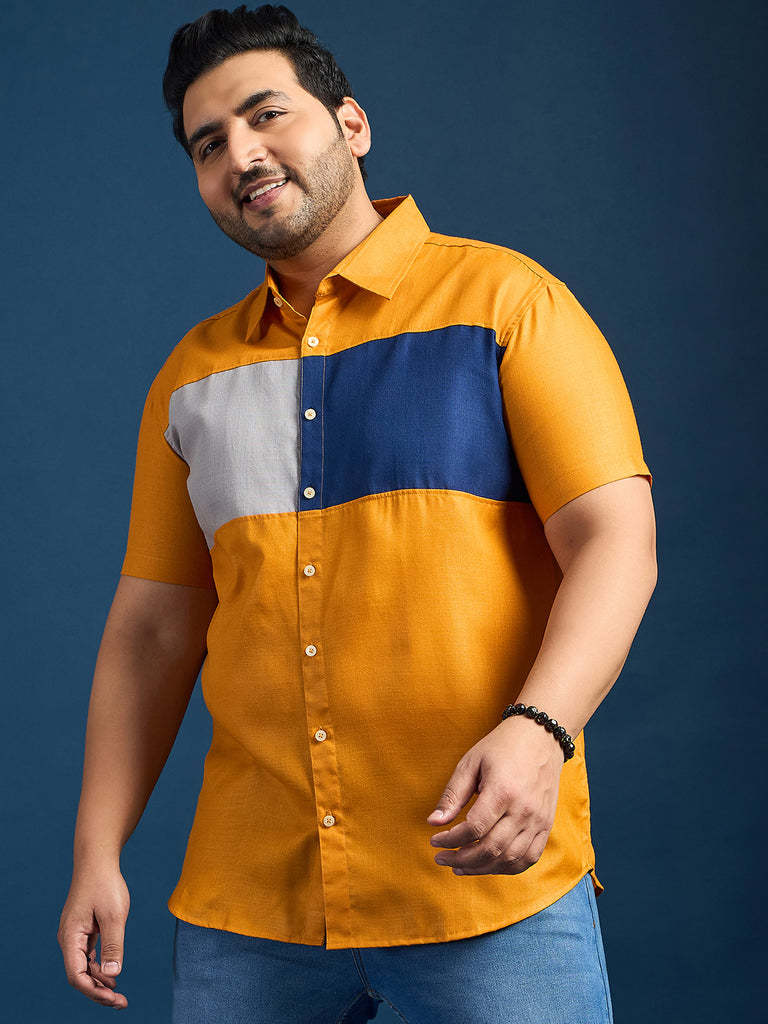 Men Plus Size Gegee-Mustard Colorblock Shirt - bigbanana