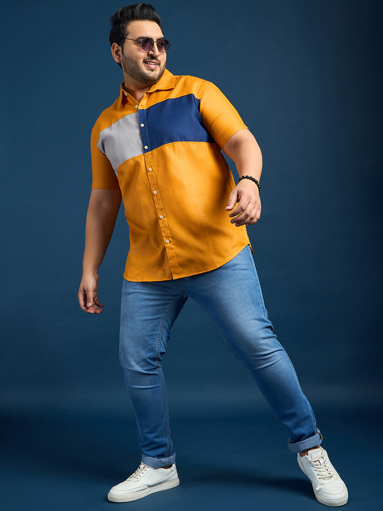 Men Plus Size Gegee-Mustard Colorblock Shirt - bigbanana