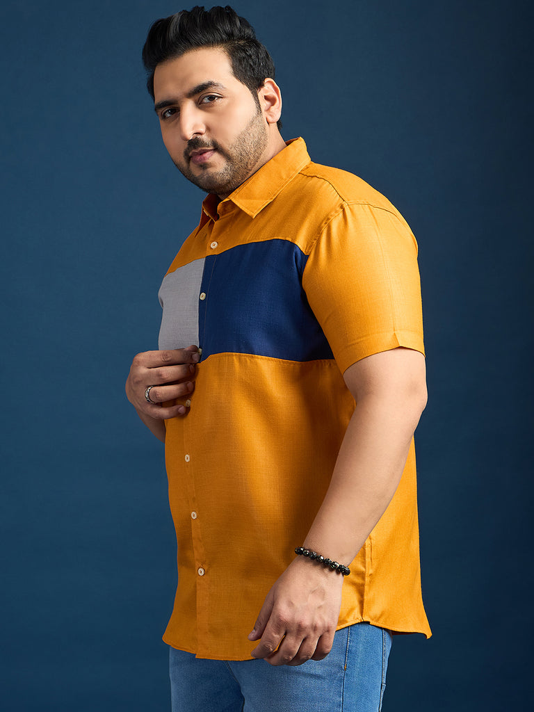 Men Plus Size Gegee-Mustard Colorblock Shirt - bigbanana