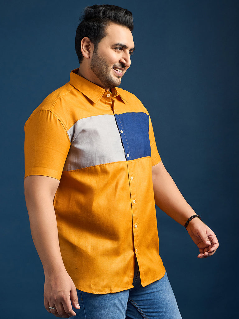 Men Plus Size Gegee-Mustard Colorblock Shirt - bigbanana