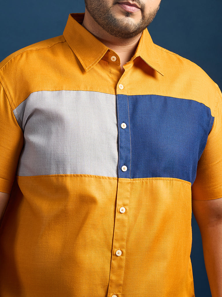 Men Plus Size Gegee-Mustard Colorblock Shirt - bigbanana