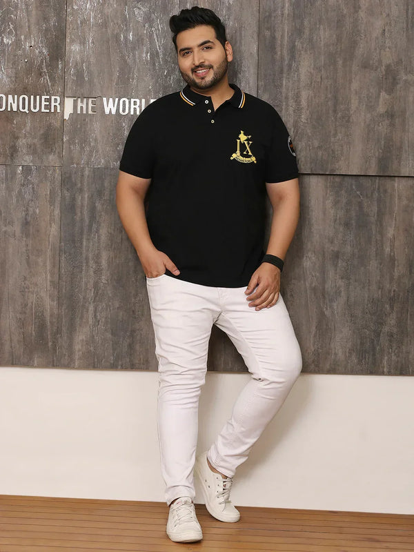 Men Plus Size Glam Solid Black Polo Tshirt