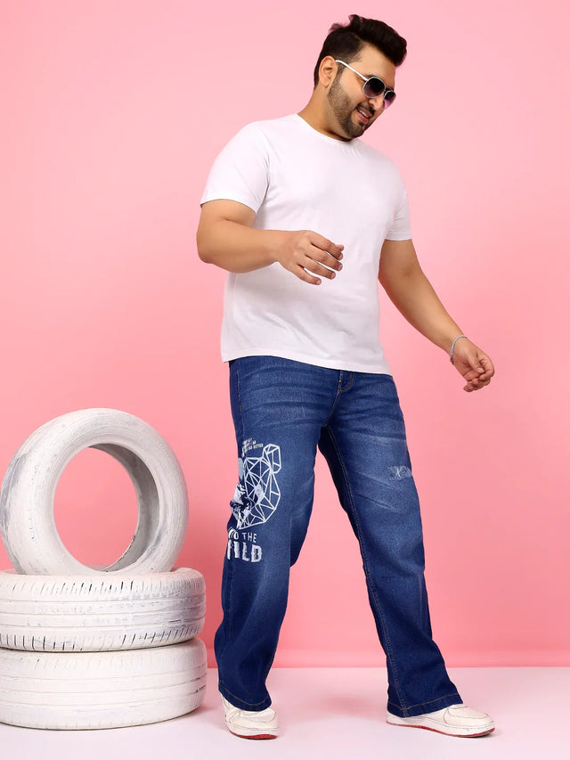 Men Plus Size Glamora Blue Printed Jeans