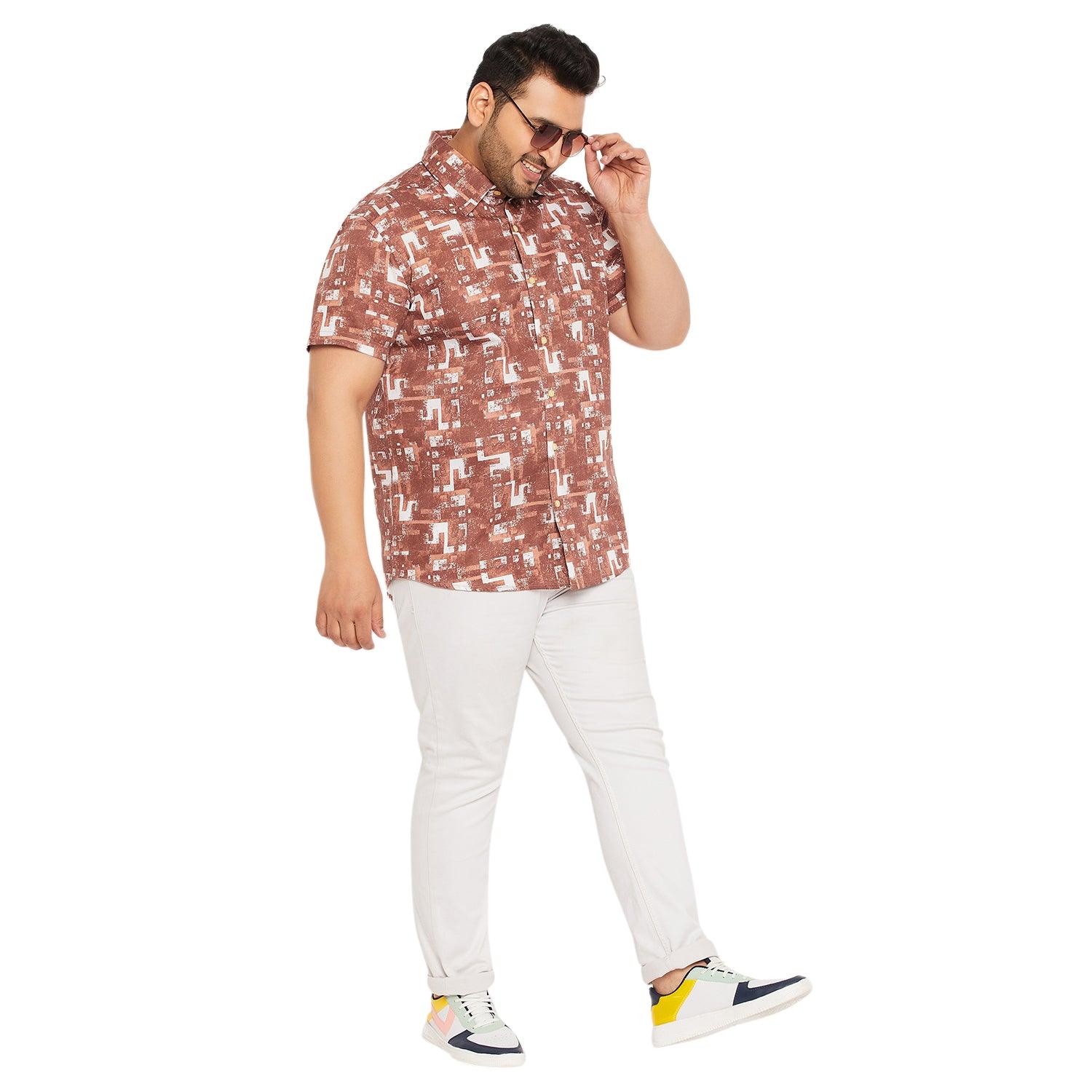 Men Plus Size Hakoba-Brown Printed Shirt - bigbanana