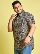 Men Plus Size Hebrew Cream Floral Print Black shirt - bigbanana