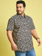 Men Plus Size Hebrew Cream Floral Print Black shirt - bigbanana