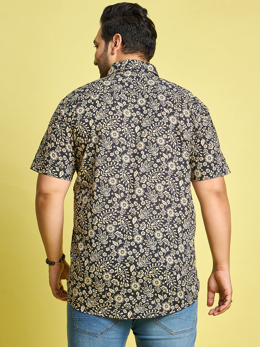 Men Plus Size Hebrew Cream Floral Print Black shirt - bigbanana