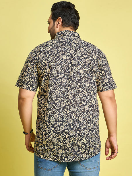 Men Plus Size Hebrew Cream Floral Print Black shirt - bigbanana