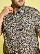 Men Plus Size Hebrew Cream Floral Print Black shirt - bigbanana