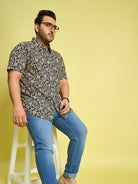 Men Plus Size Hebrew Cream Floral Print Black shirt - bigbanana