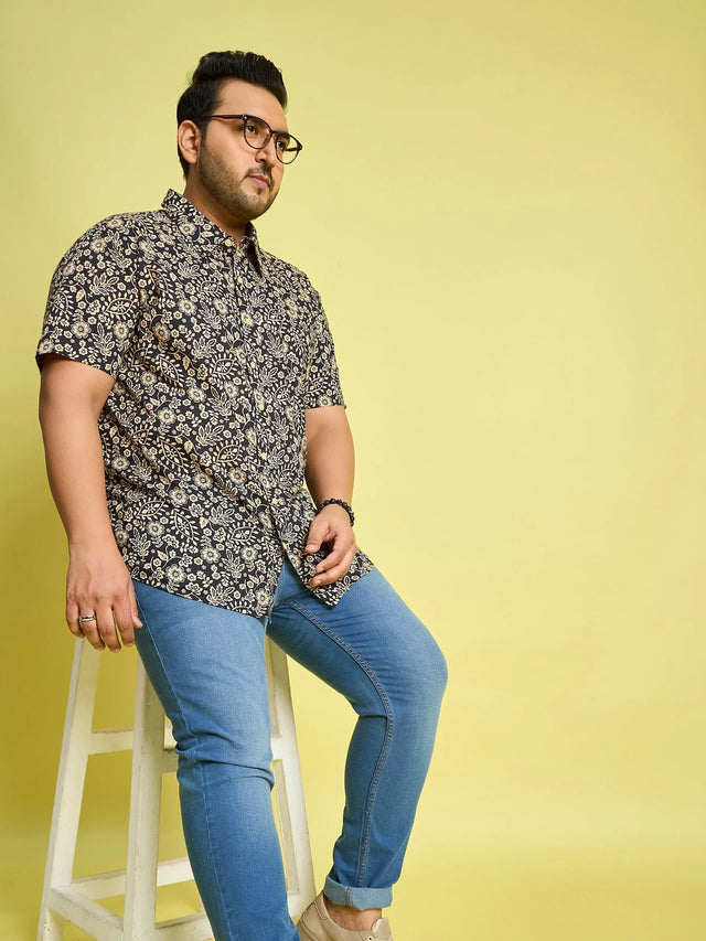 Men Plus Size Hebrew Cream Floral Print Black shirt - bigbanana