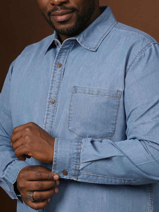 Men Plus Size Hirabati Blue Solid Casual Shirt