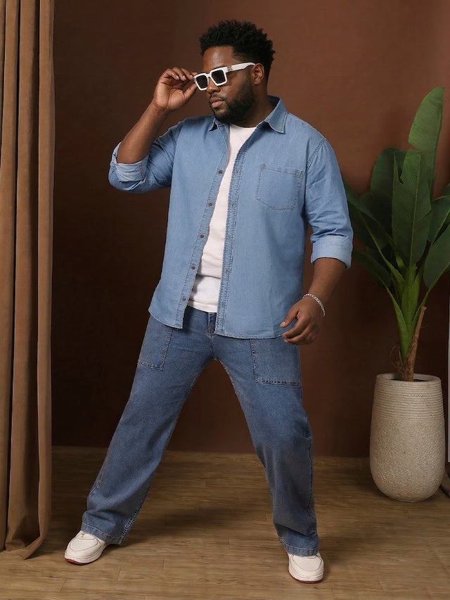 Men Plus Size Hirabati Blue Solid Casual Shirt