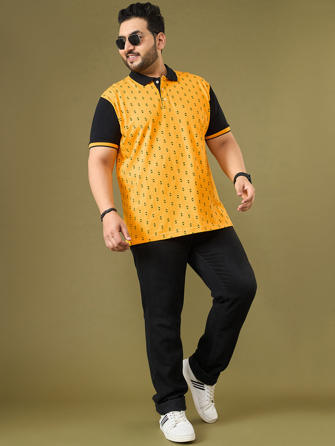 Men Plus Size Hive Yellow Printed Polo Tshirt