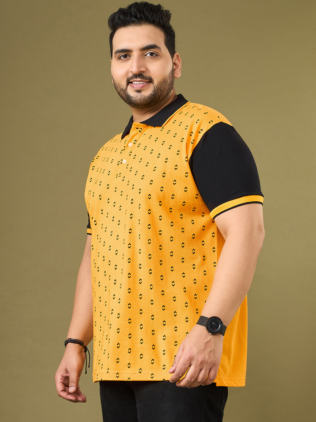 Men Plus Size Hive Yellow Printed Polo Tshirt