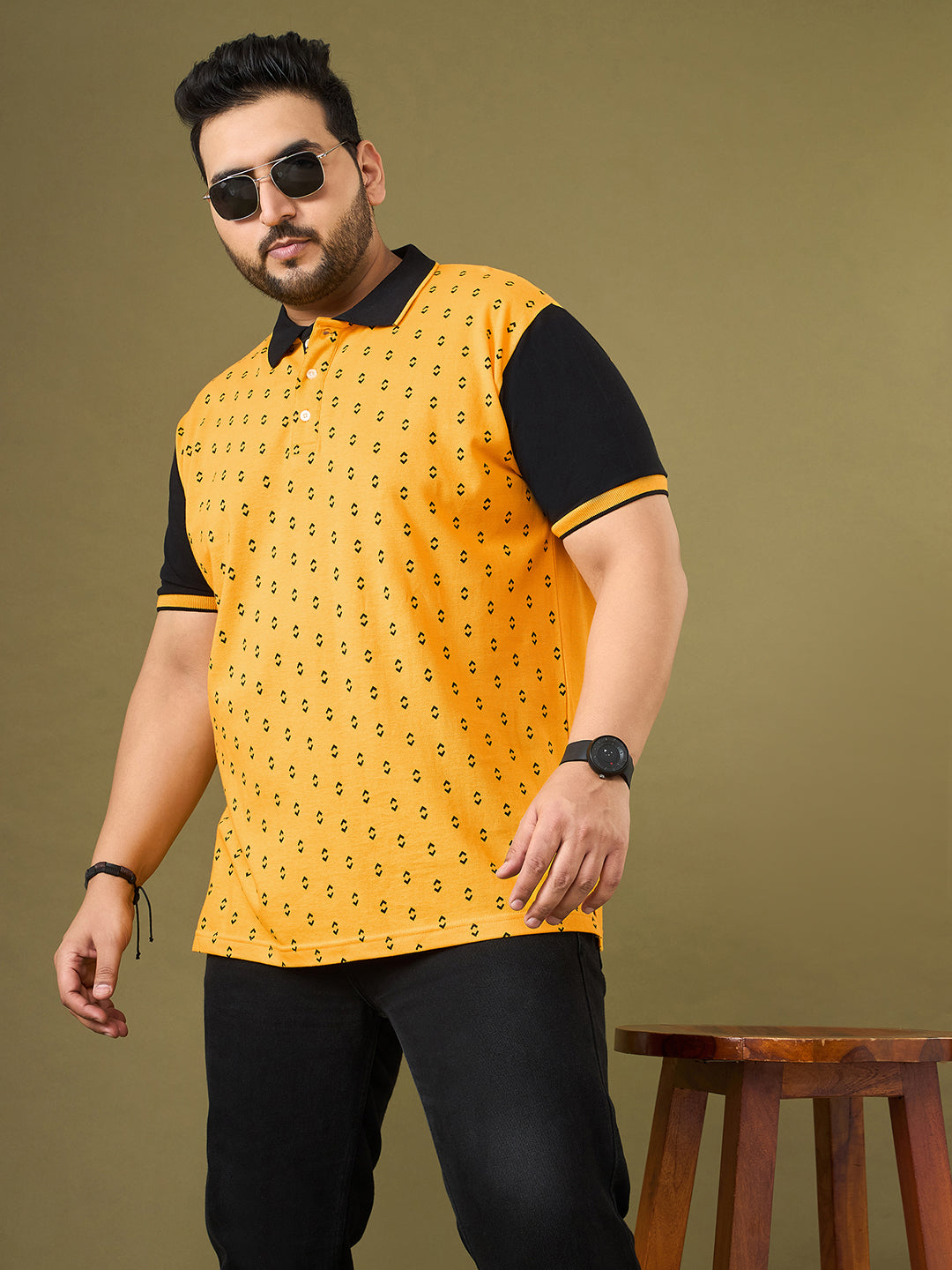 Men Plus Size Hive Yellow Printed Polo Tshirt