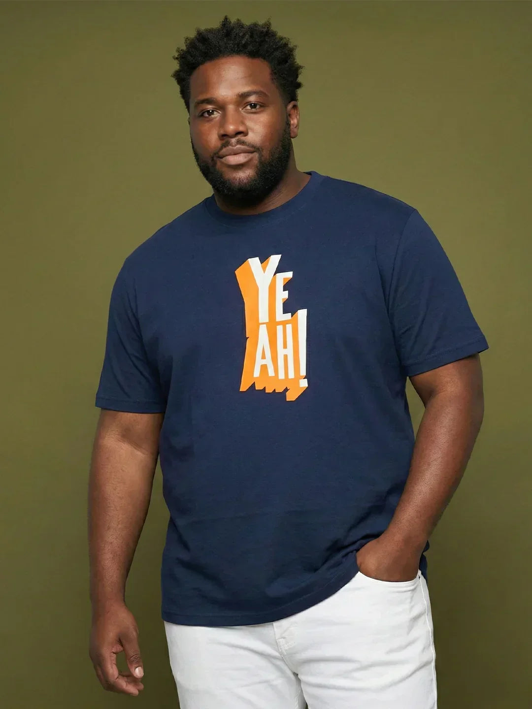 Men Plus Size Yaya Navy-Blue Printed Round Neck Tshirt