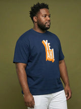 Men Plus Size Yaya Navy-Blue Printed Round Neck Tshirt