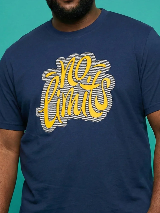 Men Plus Size Zerolim  Navy-Blue Printed Round Neck Tshirt