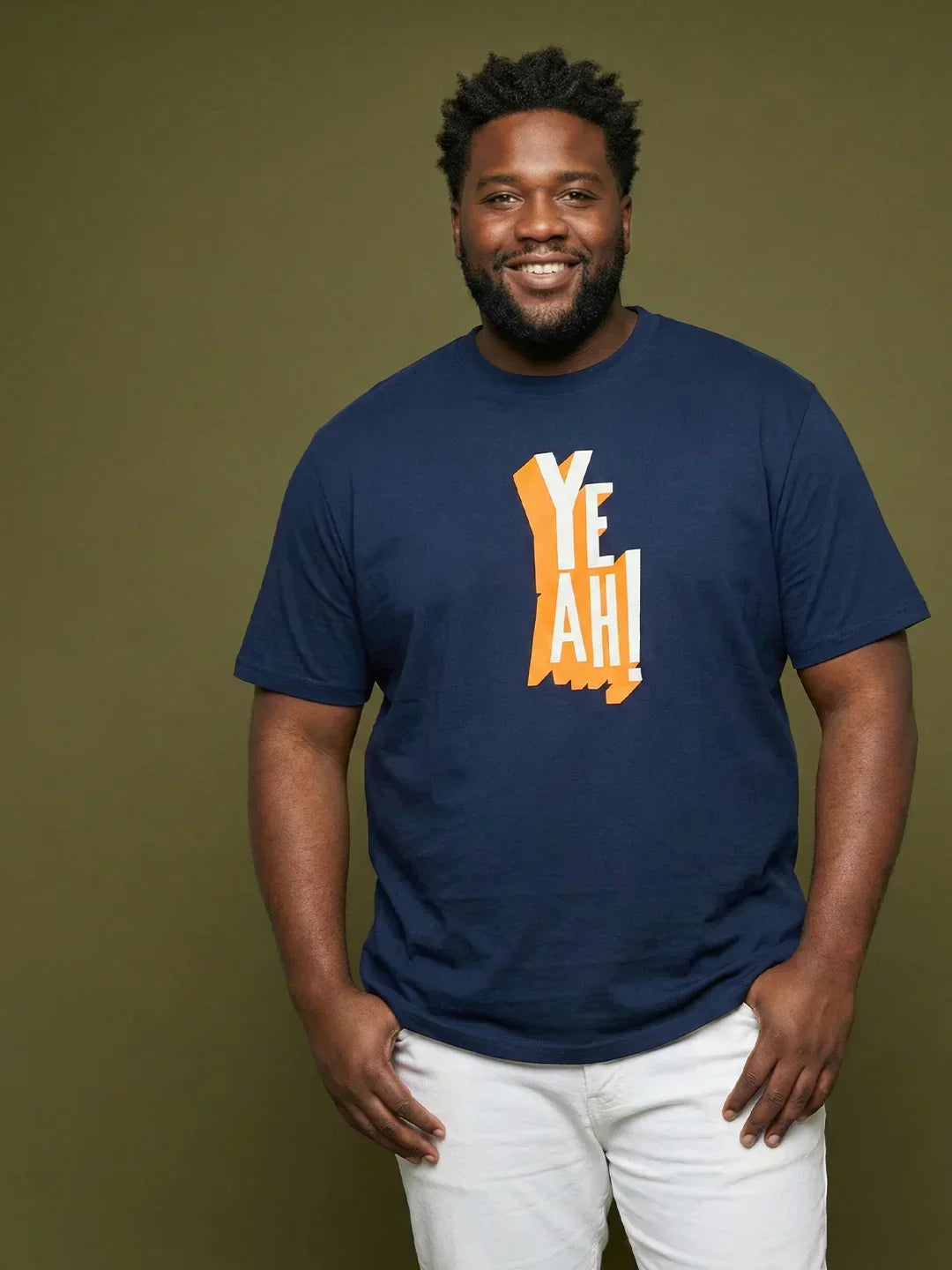 Men Plus Size Yaya Navy-Blue Printed Round Neck Tshirt