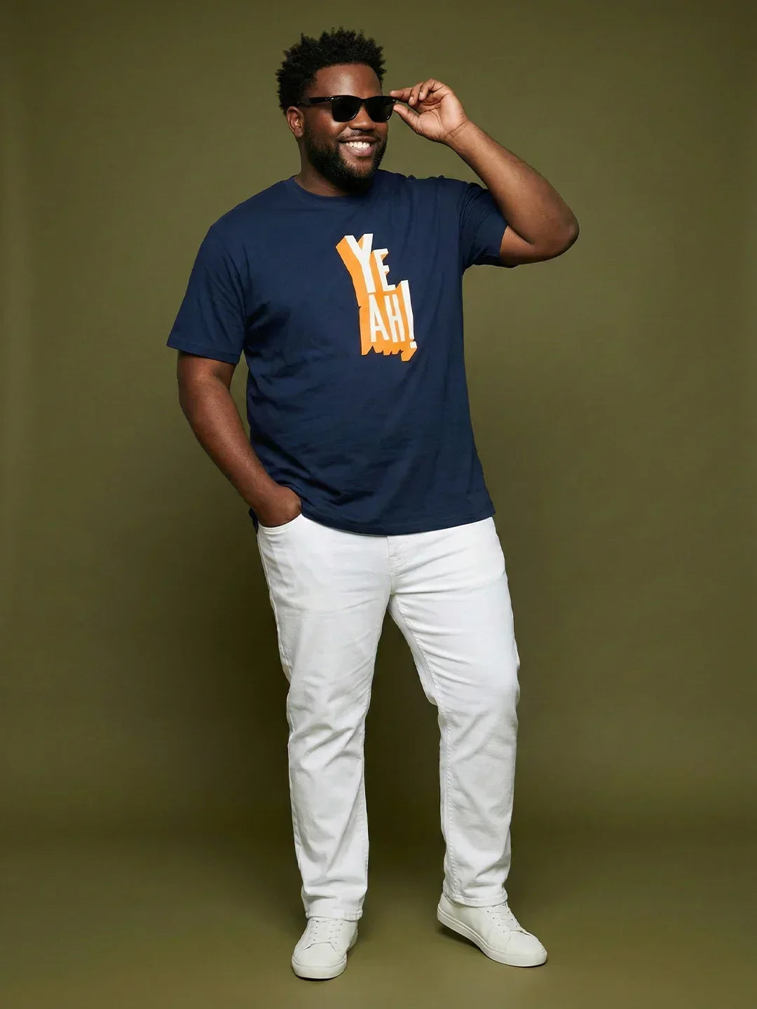 Men Plus Size Yaya Navy-Blue Printed Round Neck Tshirt