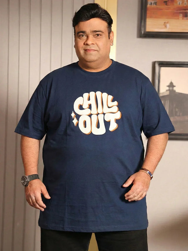 Men Plus Size Icebold Navy-Blue Printed Round Neck Tshirt