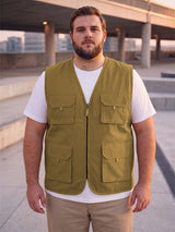 Men Plus Size Drift-Khaki Solid Khaki Utility Jacket