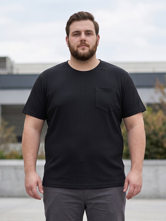 Men Plus Size Stark-Black Black Textured Round Neck Tshirts