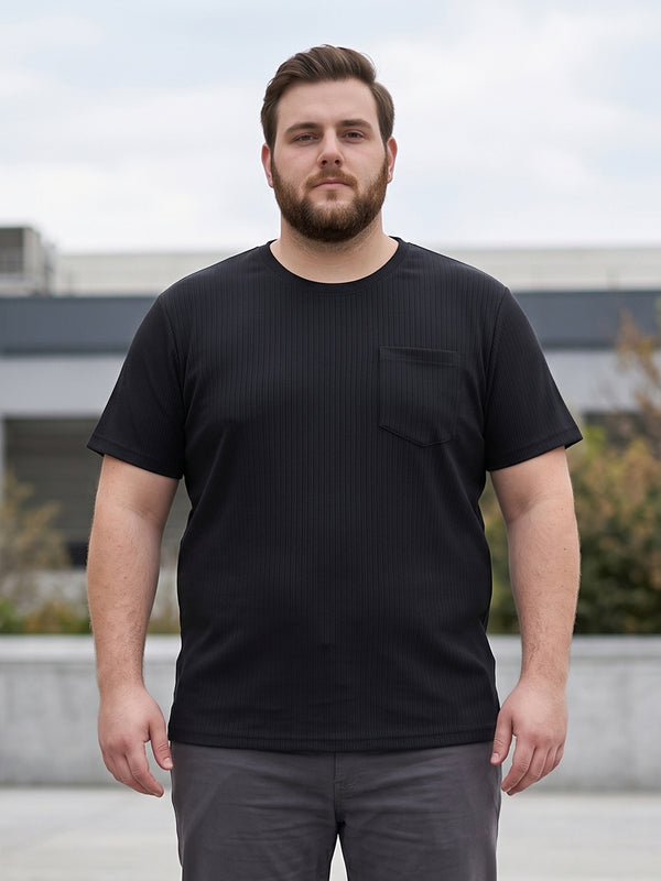 Men Plus Size Stark-Black Black Textured Round Neck Tshirts
