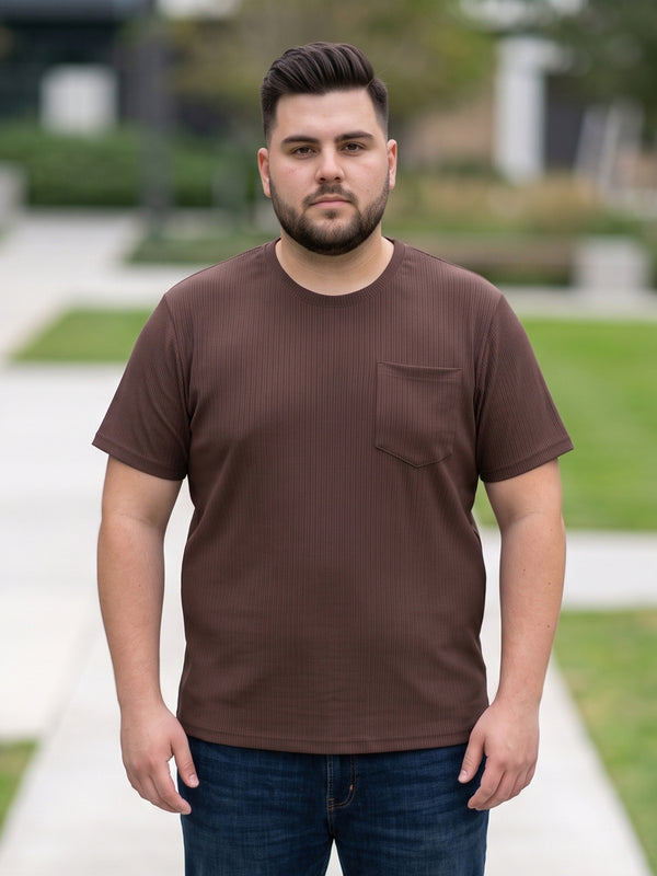 Men Plus Size Stark-Brown Brown Textured Round Neck Tshirts