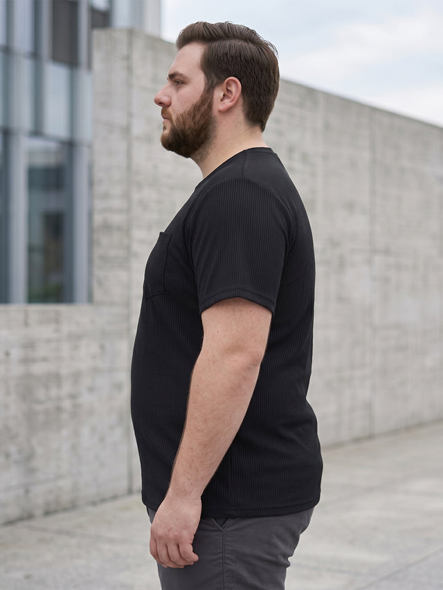 Men Plus Size Stark-Black Black Textured Round Neck Tshirts