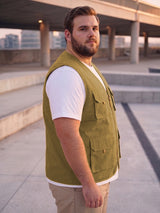 Men Plus Size Drift-Khaki Solid Khaki Utility Jacket