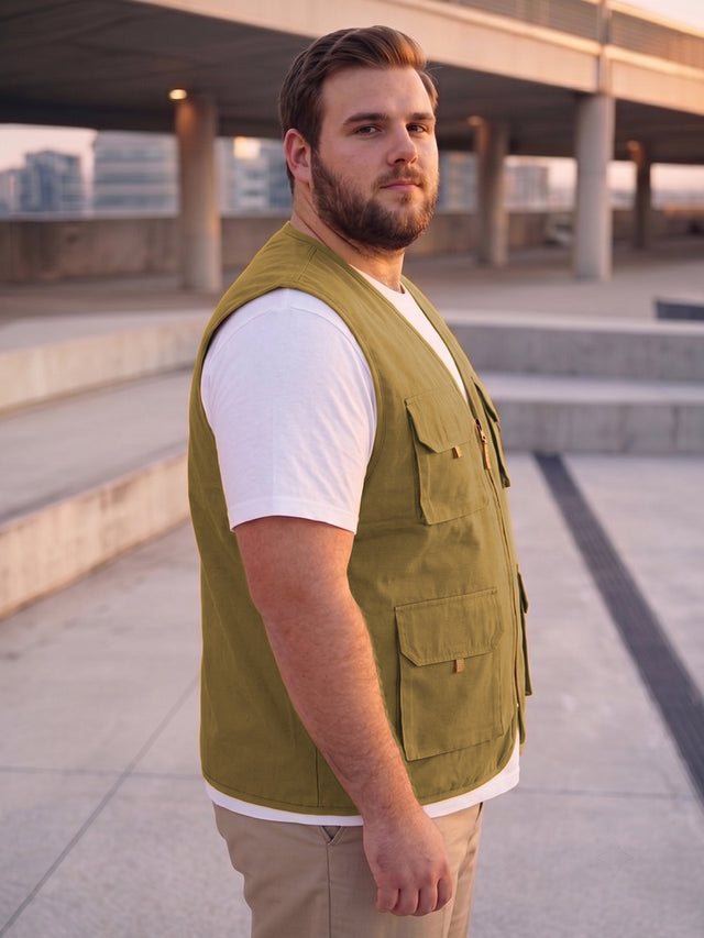 Men Plus Size Drift-Khaki Solid Khaki Utility Jacket