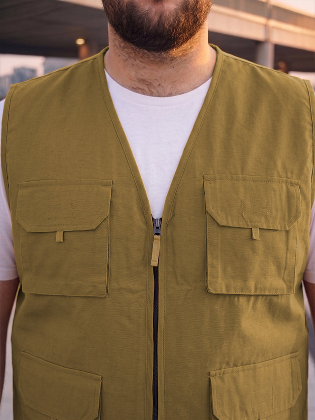 Men Plus Size Drift-Khaki Solid Khaki Utility Jacket
