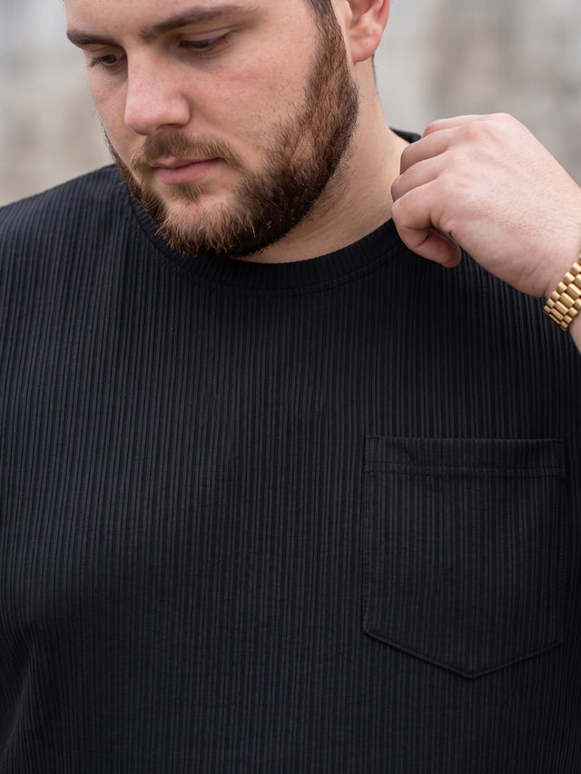 Men Plus Size Stark-Black Black Textured Round Neck Tshirts