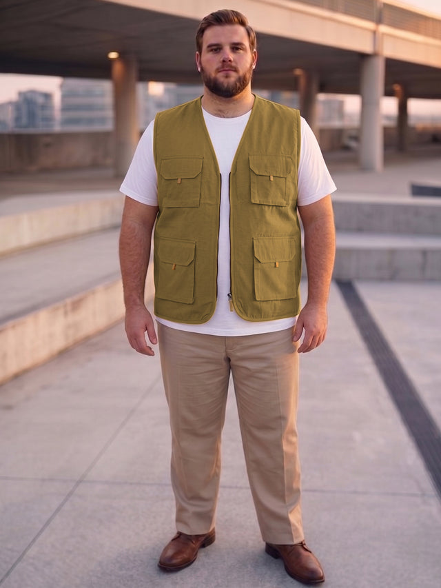 Men Plus Size Drift-Khaki Solid Khaki Utility Jacket