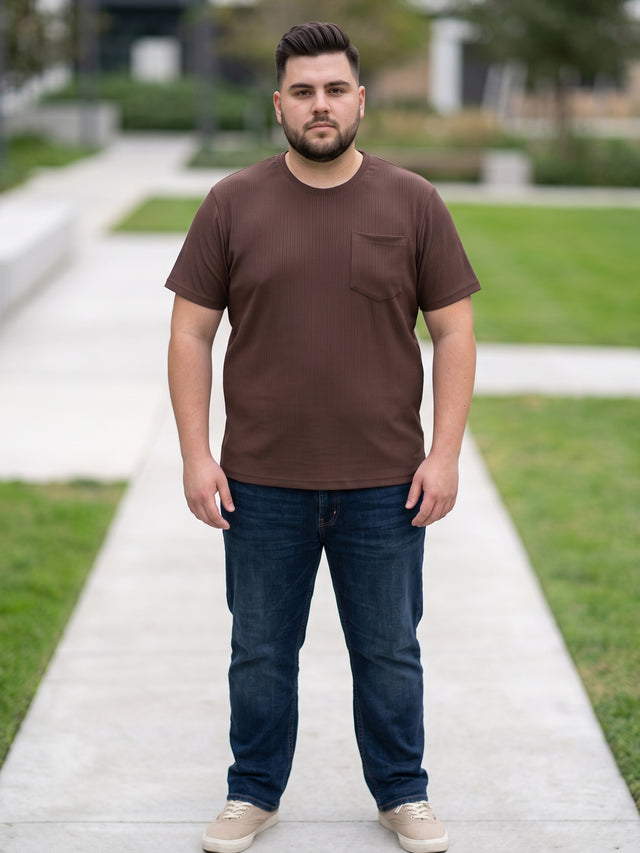 Men Plus Size Stark-Brown Brown Textured Round Neck Tshirts