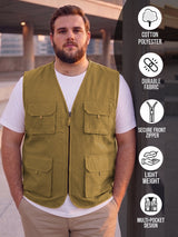 Men Plus Size Drift-Khaki Solid Khaki Utility Jacket