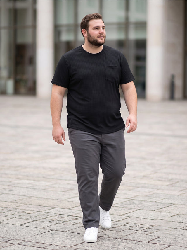 Men Plus Size Stark-Black Black Textured Round Neck Tshirts