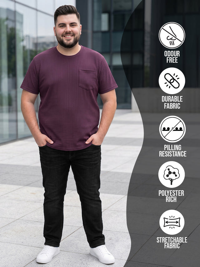 Men Plus Size Stark-Wine Wine Textured Round Neck Tshirts