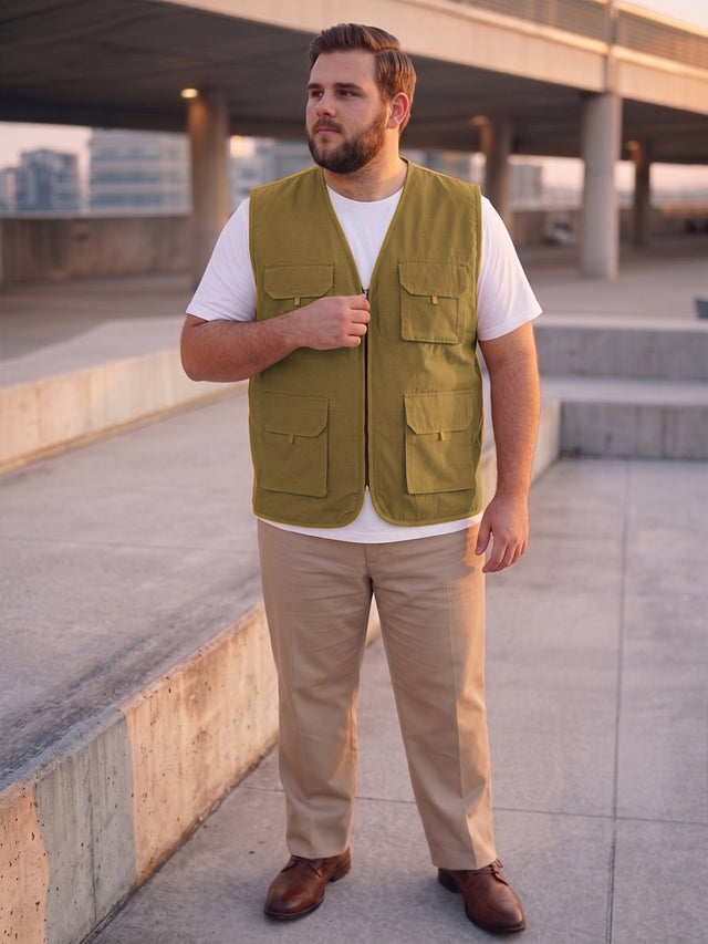 Men Plus Size Drift-Khaki Solid Khaki Utility Jacket