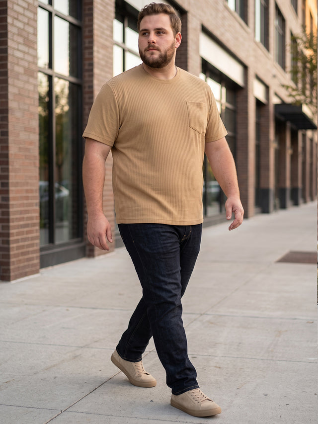 Men Plus Size Stark-Beige Beige Textured Round Neck Tshirts