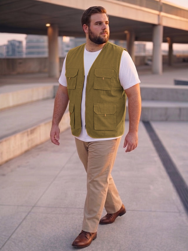 Men Plus Size Drift-Khaki Solid Khaki Utility Jacket