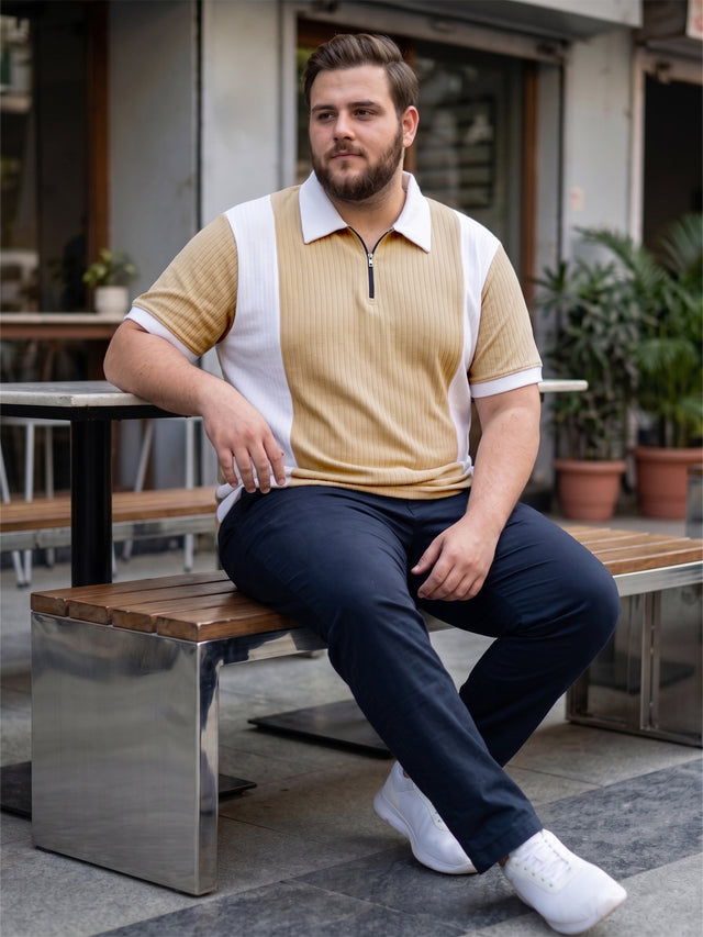 Men Plus Size Elora-Beige Beige Textured Polo T-Shirt