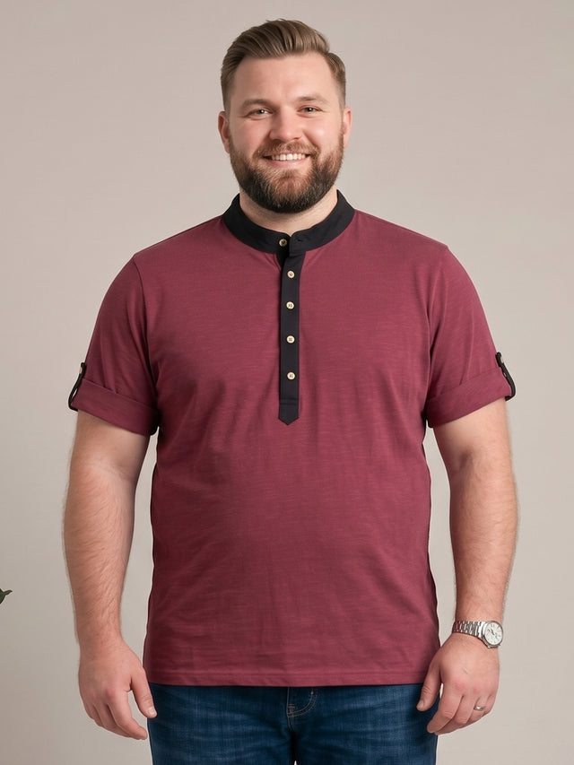 Men Plus Size Festoon Maroon Solid Henley
