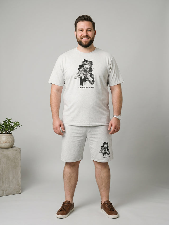 Men Plus Size Capture Grey Melange Printed Co-Ords