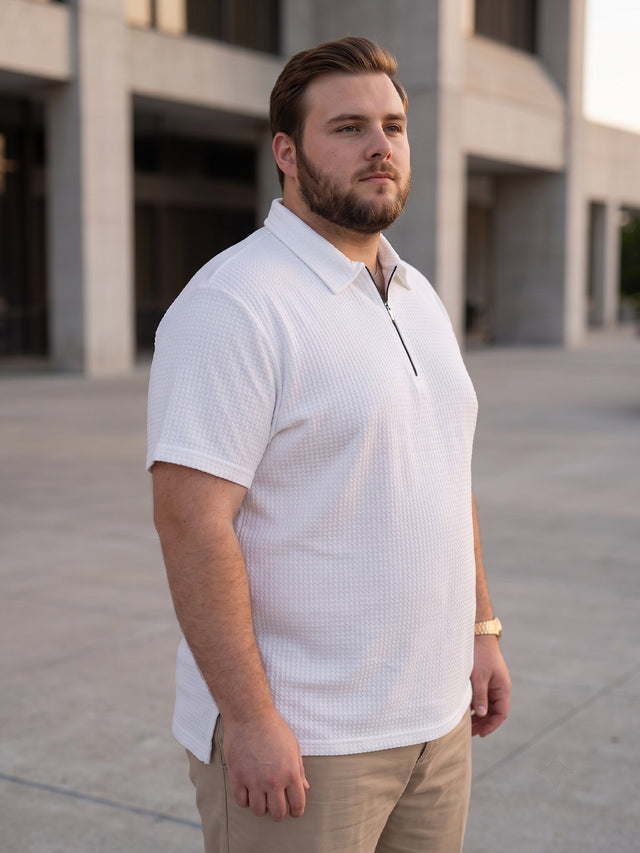 Men Plus Size Wlira White Waffle Polo Tshirt