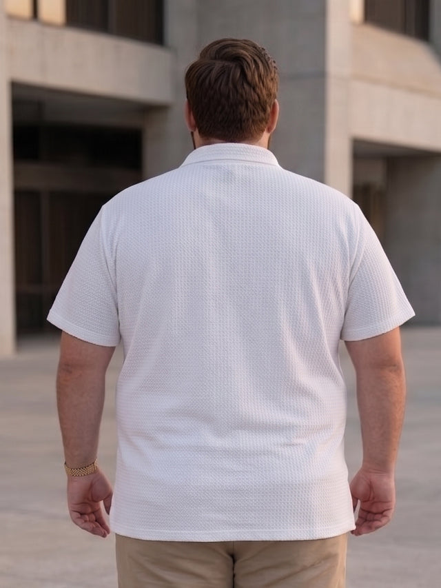 Men Plus Size Wlira White Waffle Polo Tshirt