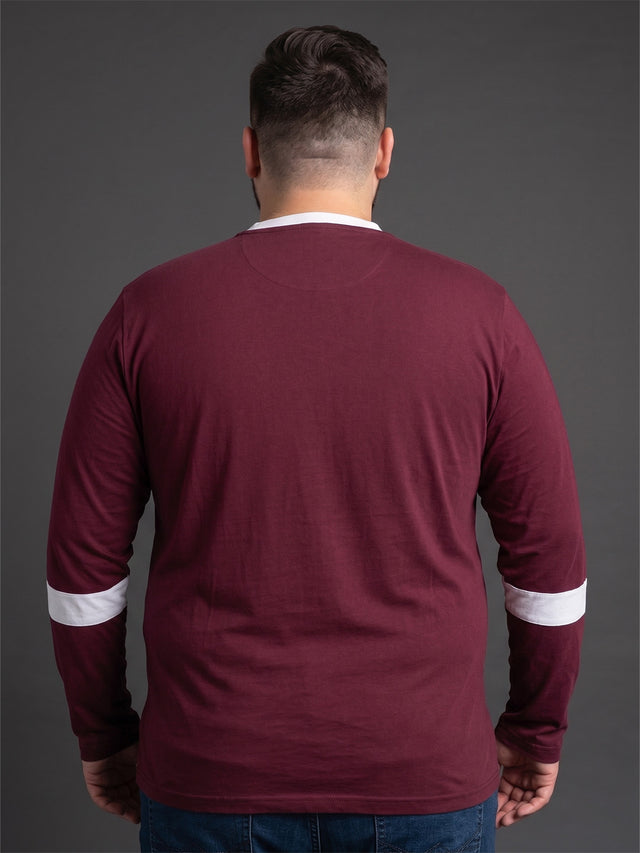 Men Plus Size Tenement Maroon Colorblock Henley