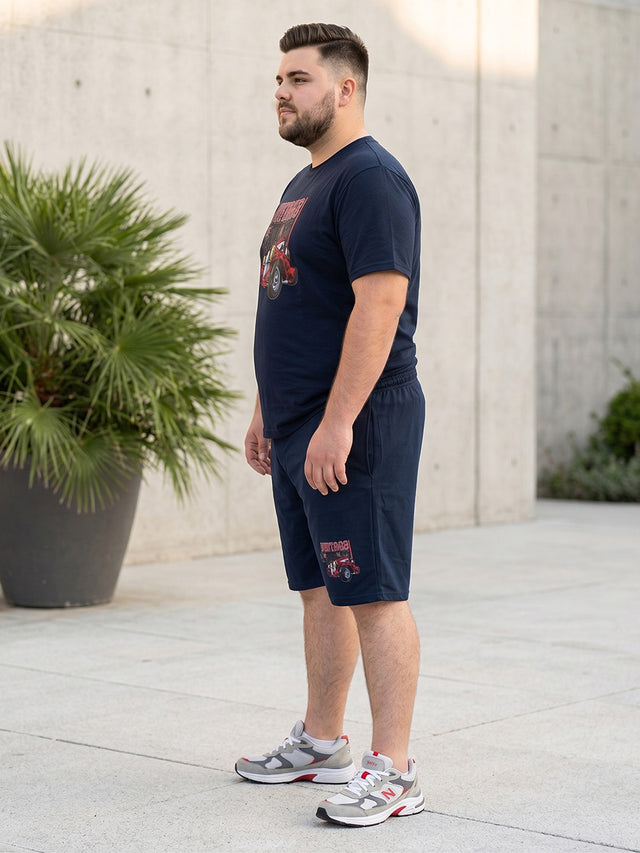 Men Plus Size Throwback Navy Blue Printed Co-Ords